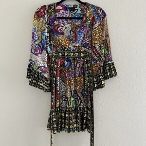 BETSEY JOHNSON Bambi Dress Y2K wide bell Sleeve V-neck Tie Waist Funky Fun Dress